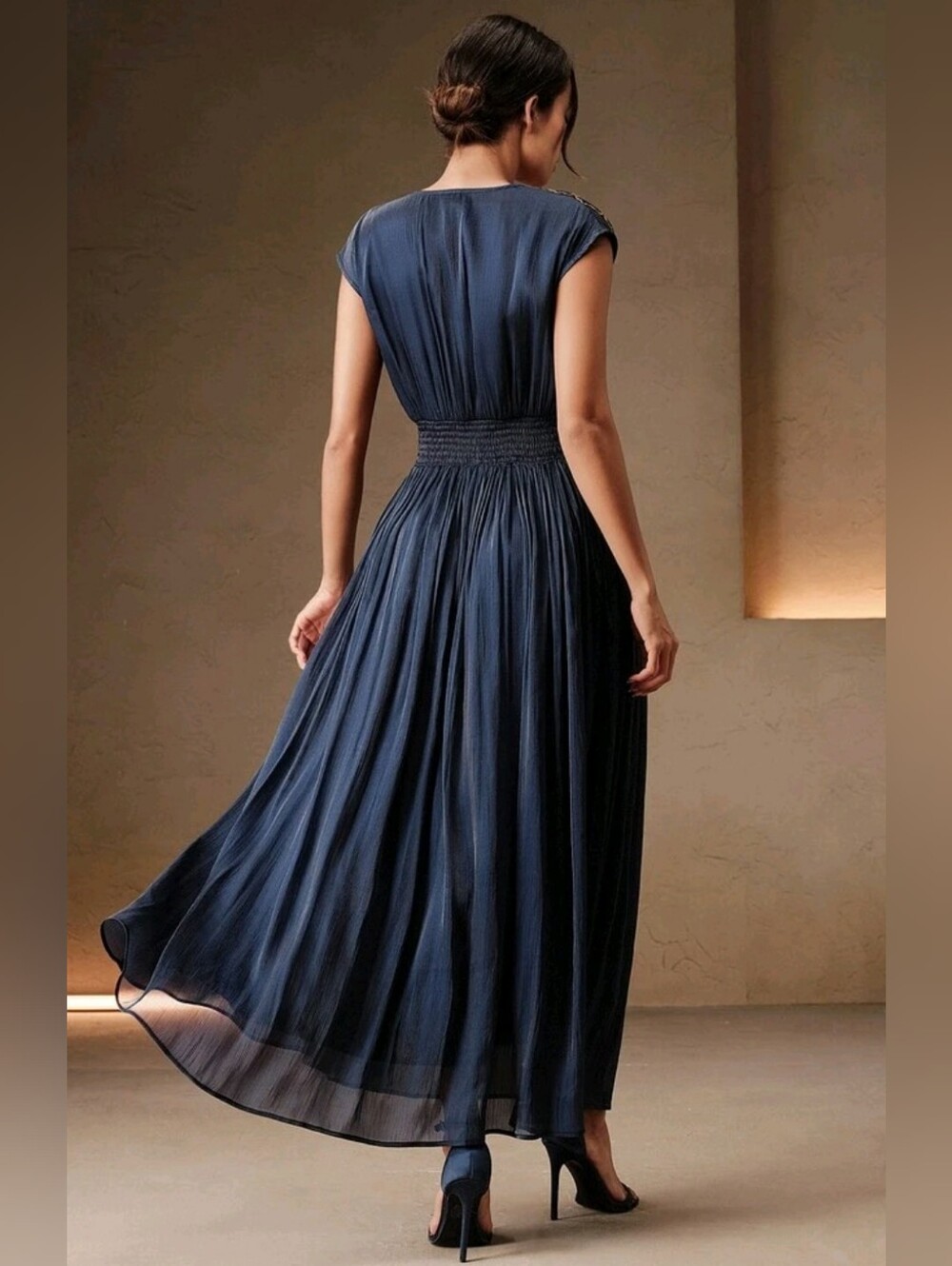 New Metallic Sequin Beaded 3D Flower Maxi Dress Ruched Waist Navy Blue - Picture 5 of 14